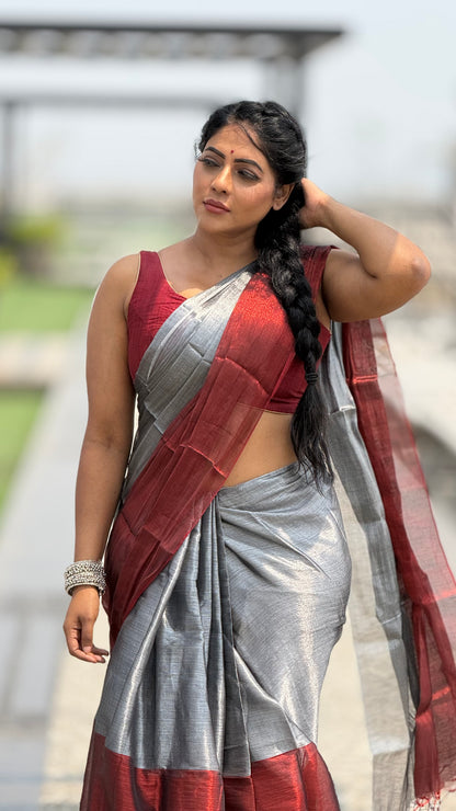 Maroon and silver tissue saree