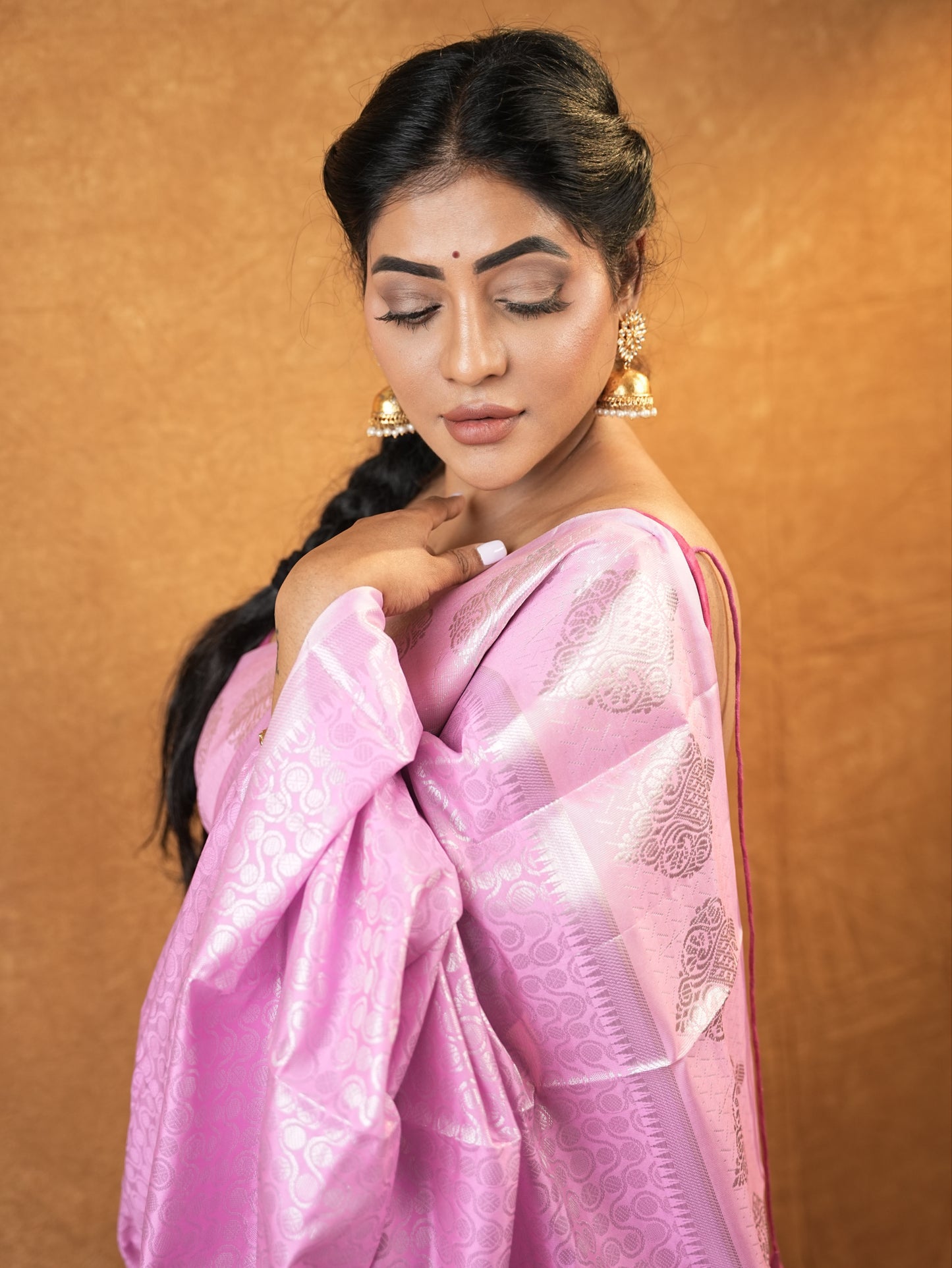 Baby pink and cream silk saree