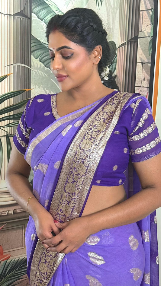 Viscose georgette saree with zari butta and Unstitched contrast blouse