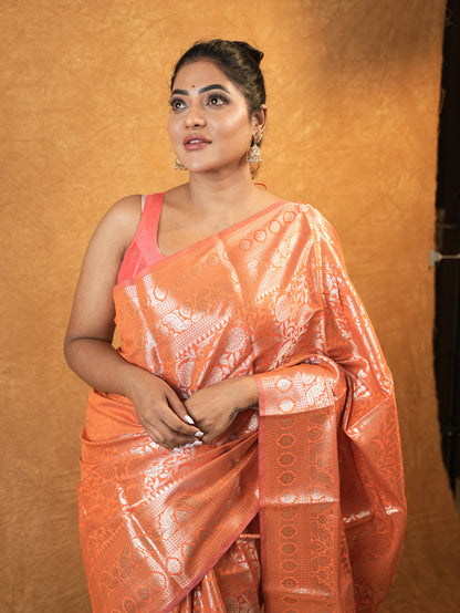 Radiant bright orange chinia silk saree