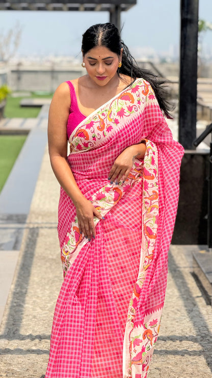 pink checks linen saree