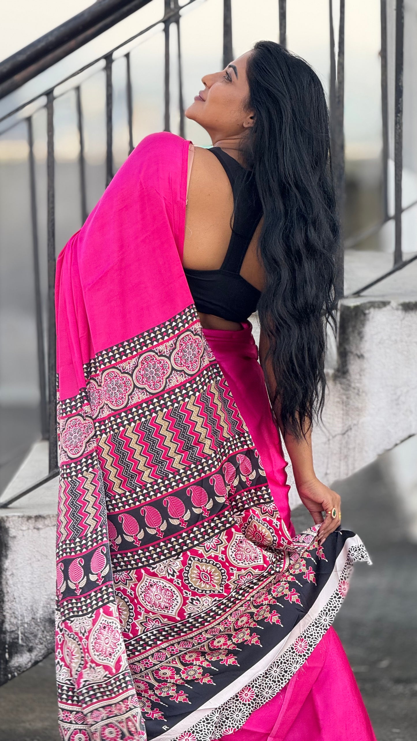 Ajrakh modal hot pink saree with contrast blouse