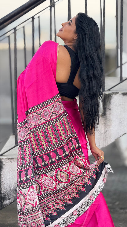 Ajrakh modal hot pink saree with contrast blouse
