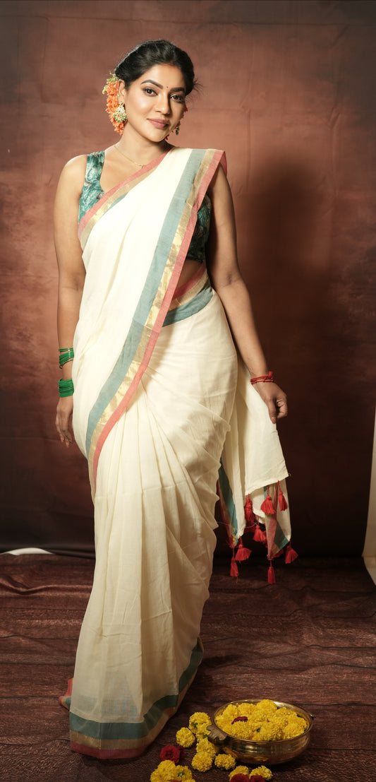 Onam special Mul cotton with red & green Zari
