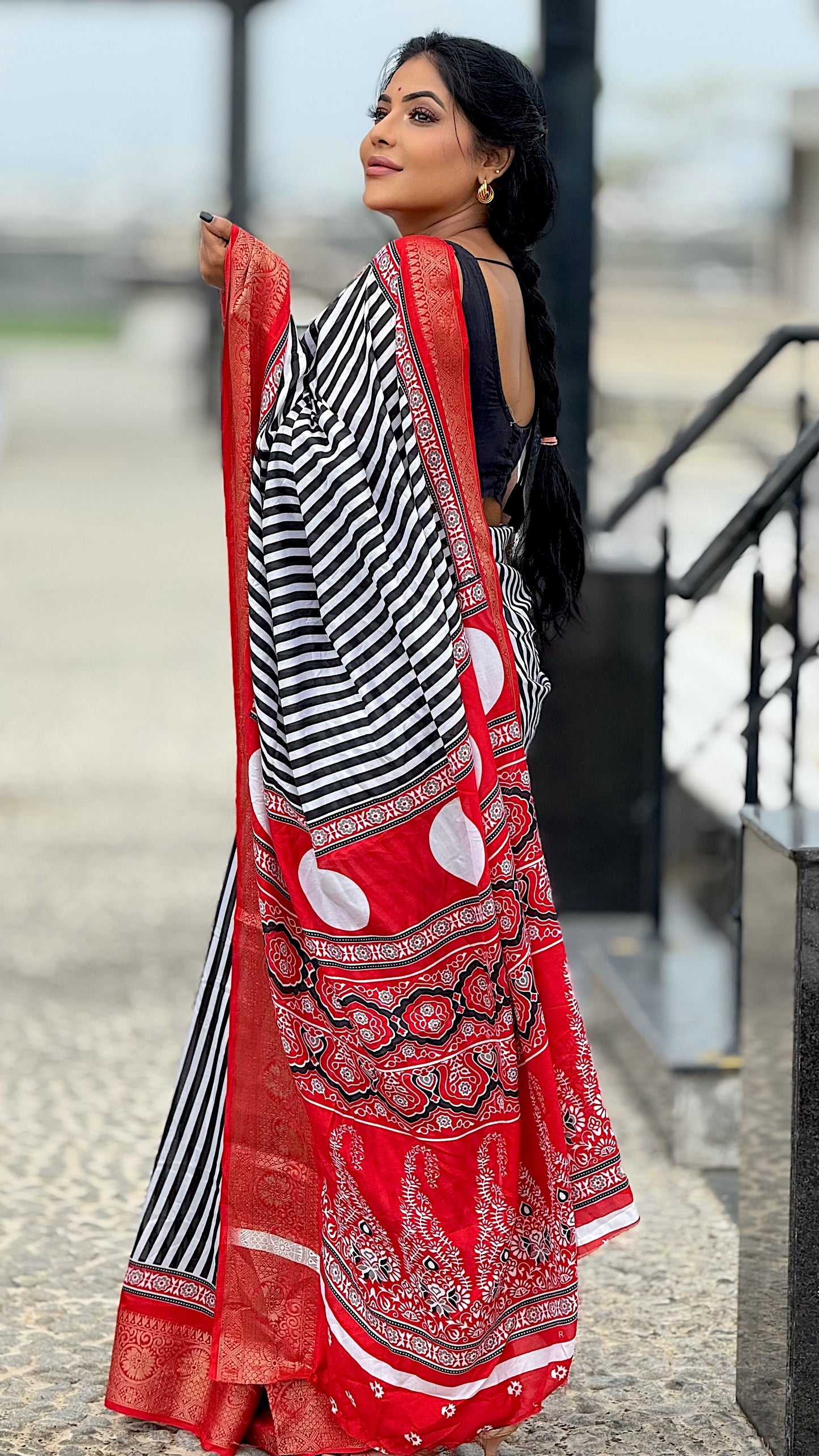 Ajrak Saree with Zari border and contrast Blouse