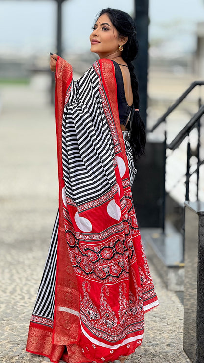 Ajrak Saree with Zari border and contrast Blouse