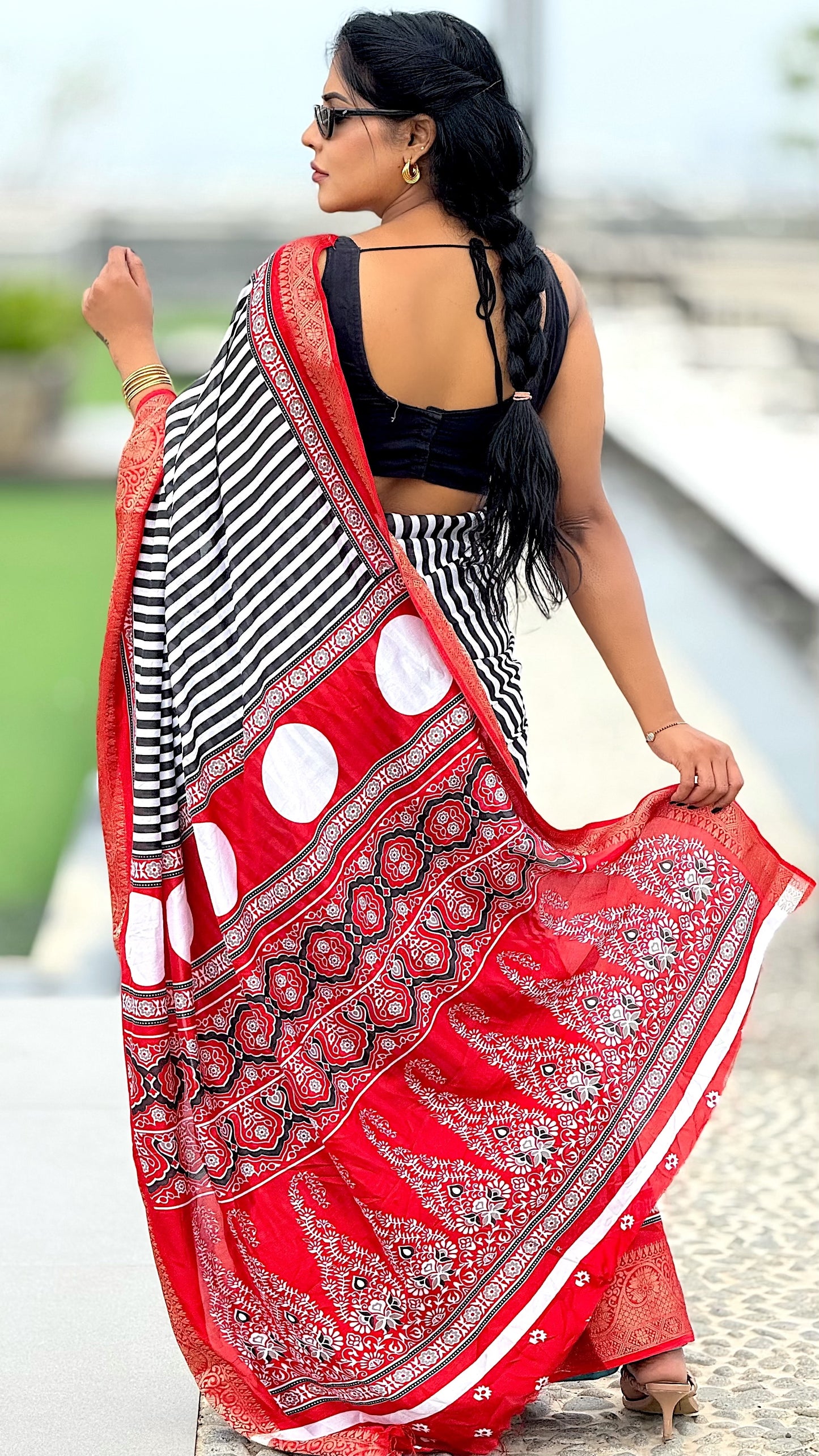 Ajrak Saree with Zari border and contrast Blouse