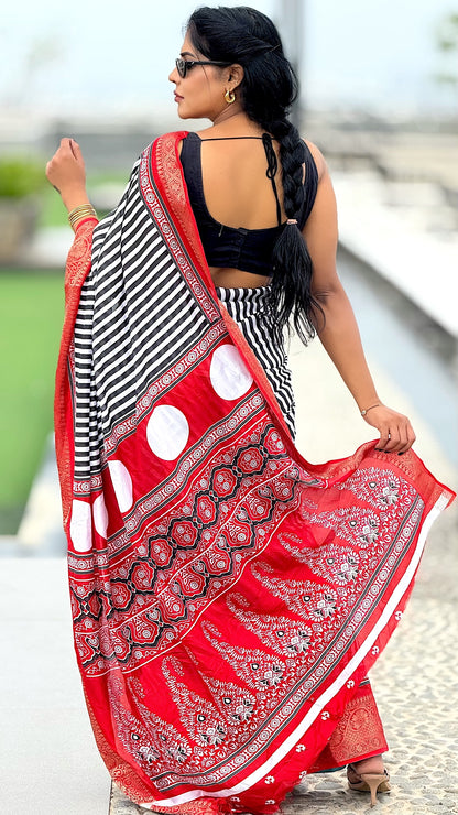 Ajrak Saree with Zari border and contrast Blouse