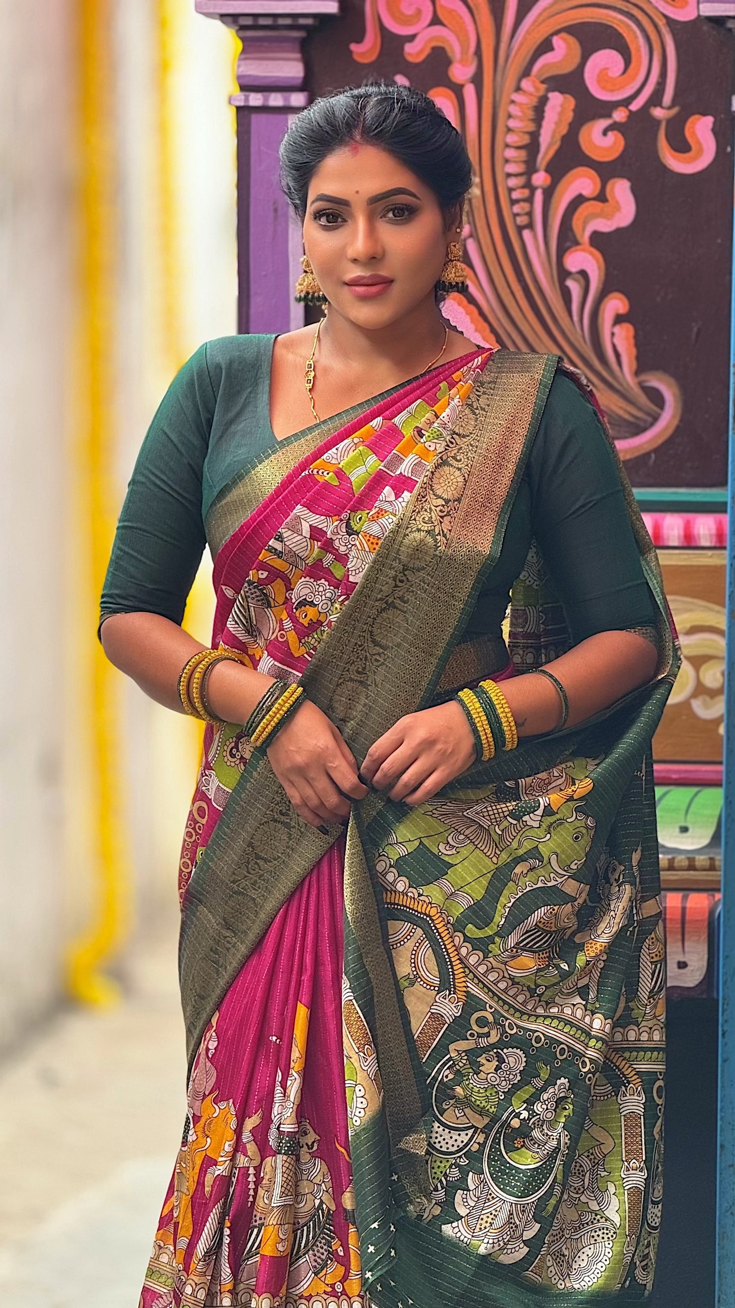 Kalamkari Dola Silk Saree with Zari Viscose and Butta Blouse