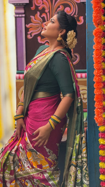 Kalamkari Dola Silk Saree with Zari Viscose and Butta Blouse