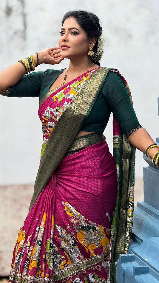 Kalamkari Dola Silk Saree with Zari Viscose and Butta Blouse