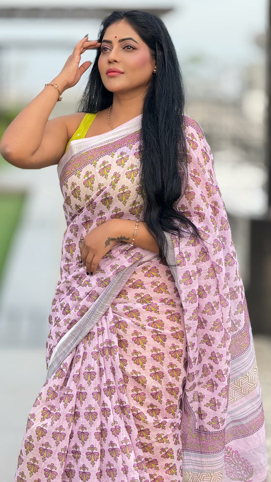 Linen with Silver Zari border