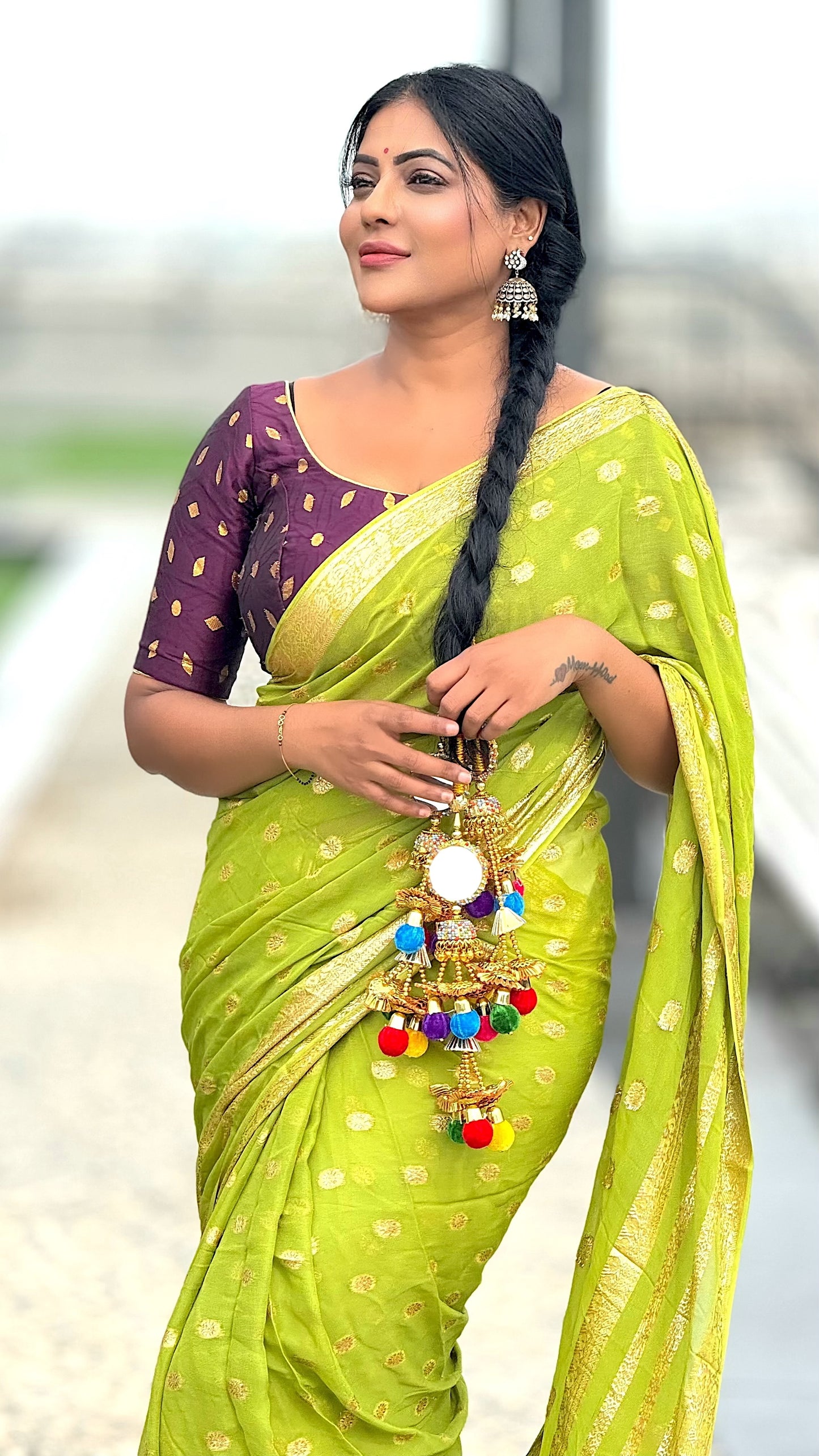 Viscose georgette saree with zari butta and running blouse