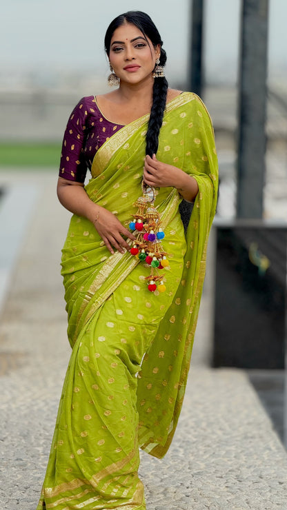 Viscose georgette saree with zari butta and running blouse