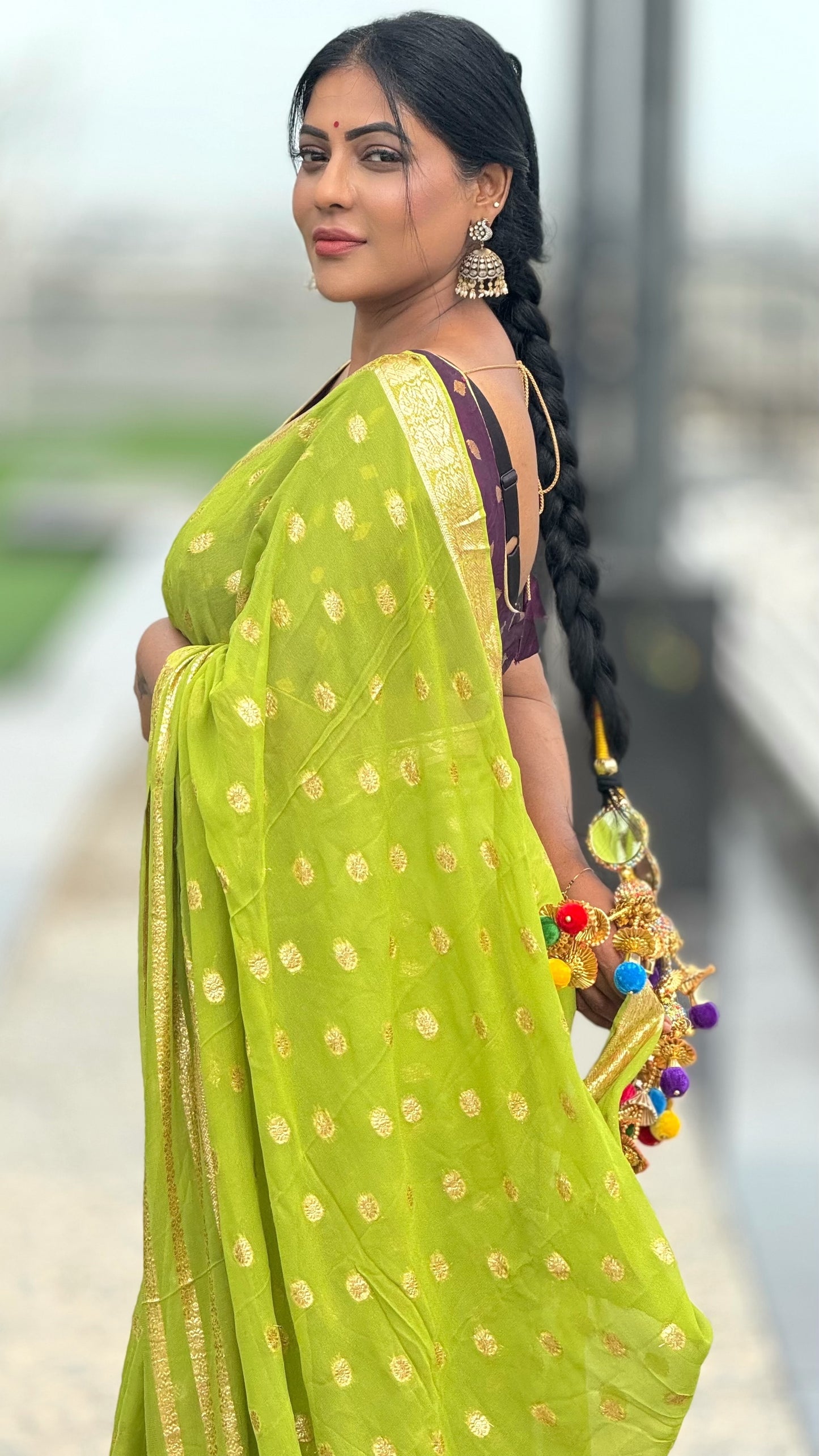 Viscose georgette saree with zari butta and running blouse