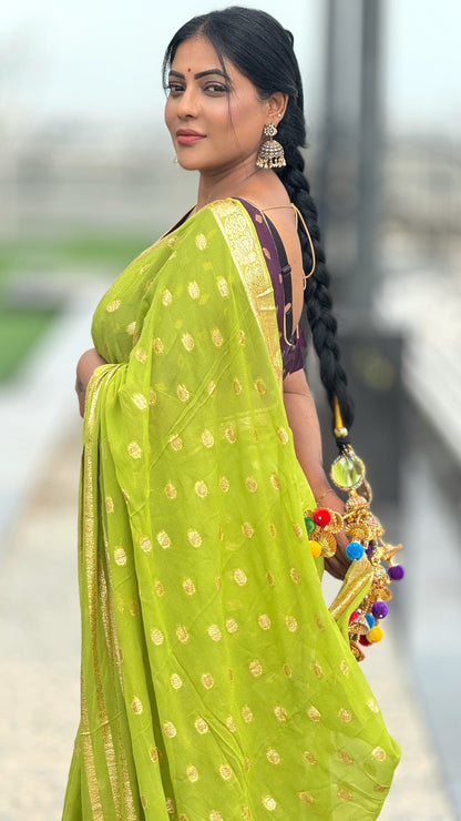 Viscose georgette saree with zari butta and running blouse