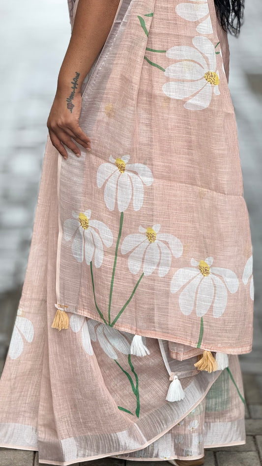 Linen with Silver Zari border Floral design