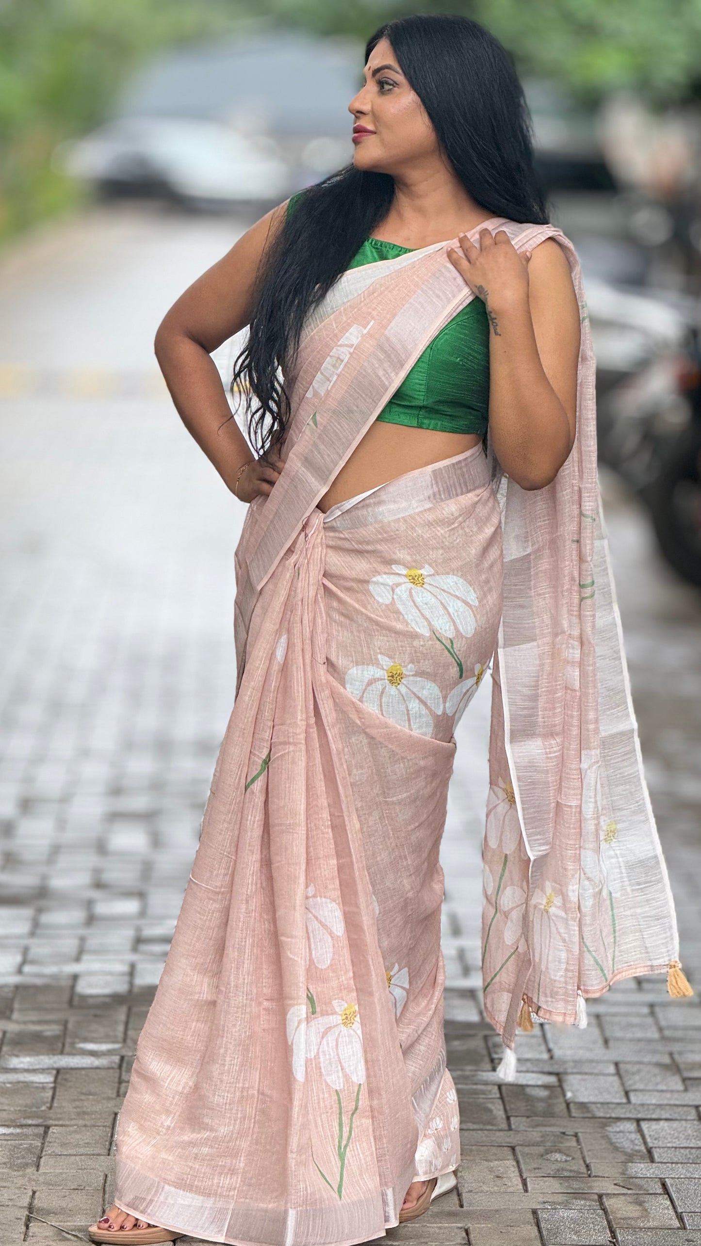 Linen with Silver Zari border Floral design