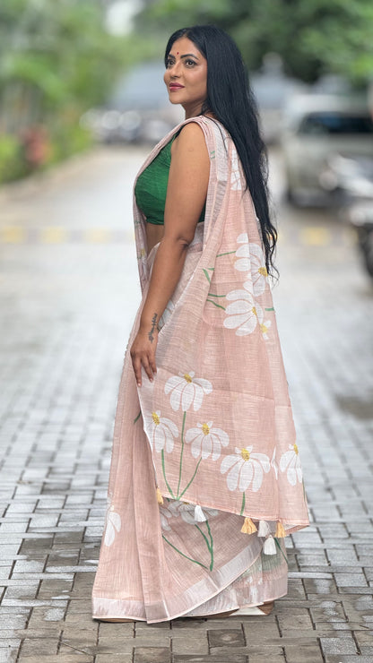 Linen with Silver Zari border Floral design