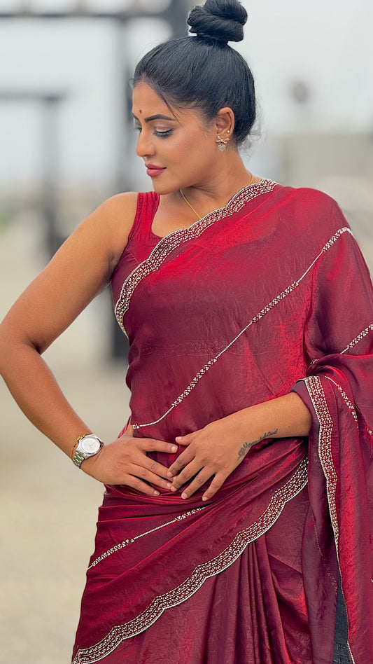 Space Satin soft Silk saree with Jarkhan and glass motif work with blouse