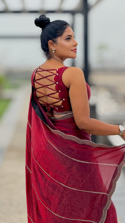 Space Satin soft Silk saree with Jarkhan and glass motif work with blouse