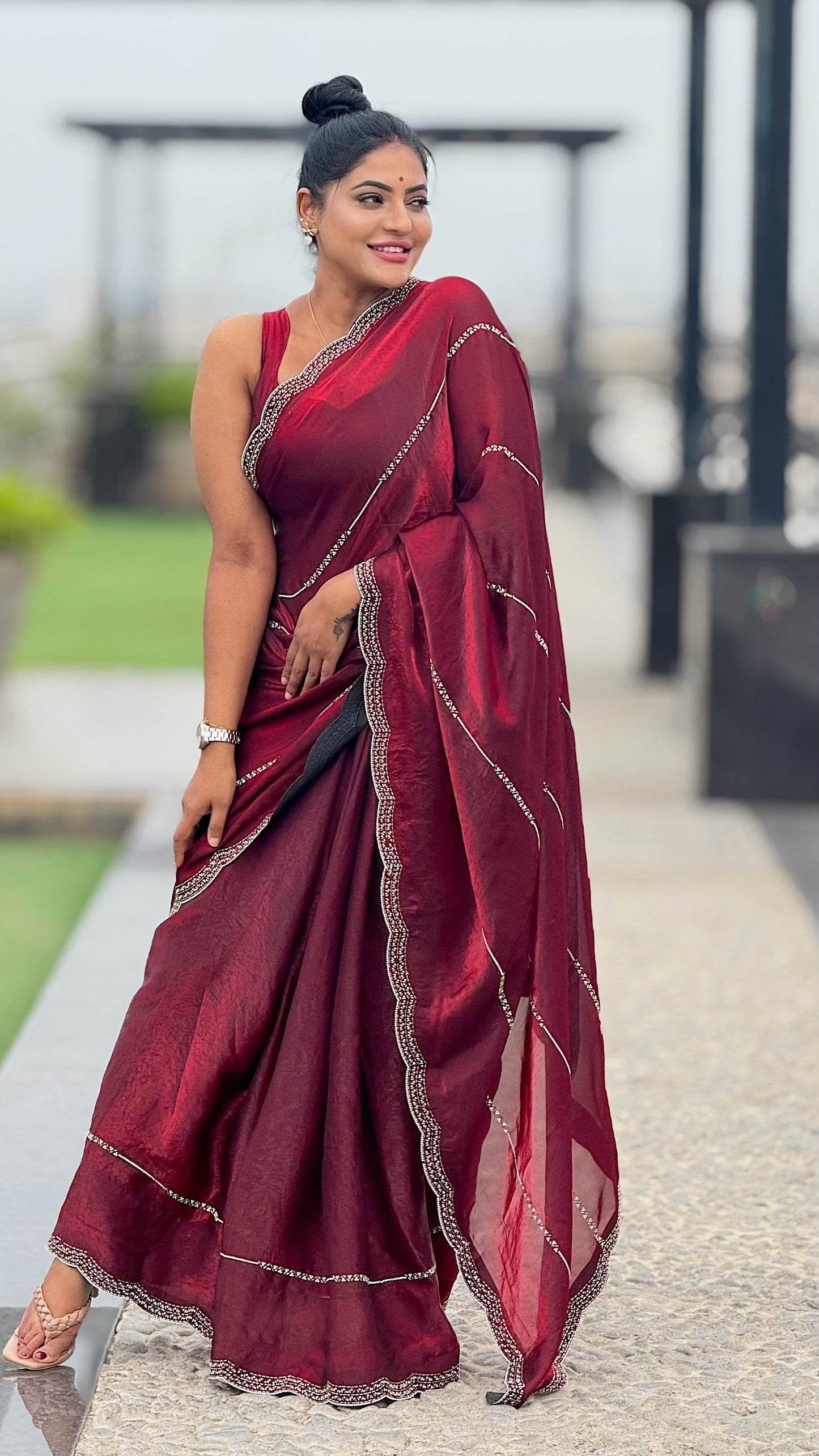 Space Satin soft Silk saree with Jarkhan and glass motif work with blouse