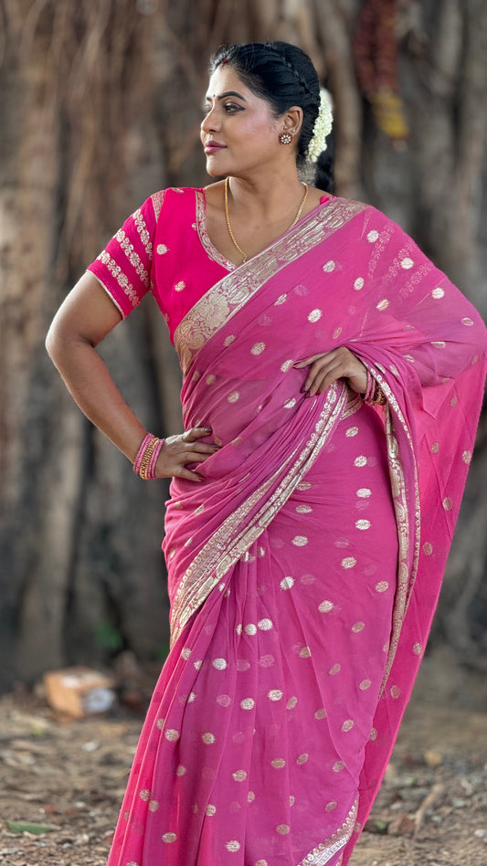 Viscose georgette saree with zari butta and blouse
