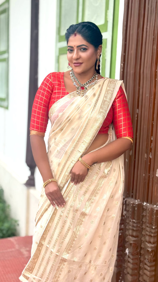 Viscose georgette saree with zari butta and Unstitched contrast blouse