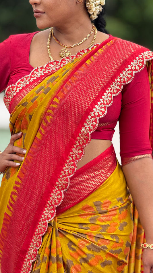 Chanderi silk cotton saree with ikkath print two sided pallu & scalloped lace border with contrast unstitched designer blouse