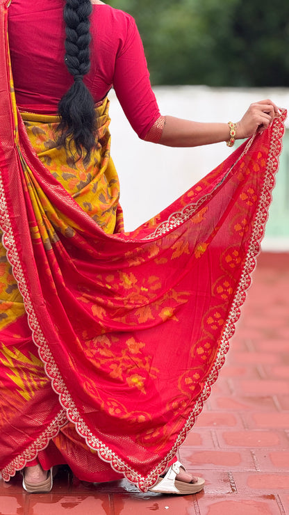 Chanderi silk cotton saree with ikkath print two sided pallu & scalloped lace border with contrast unstitched designer blouse