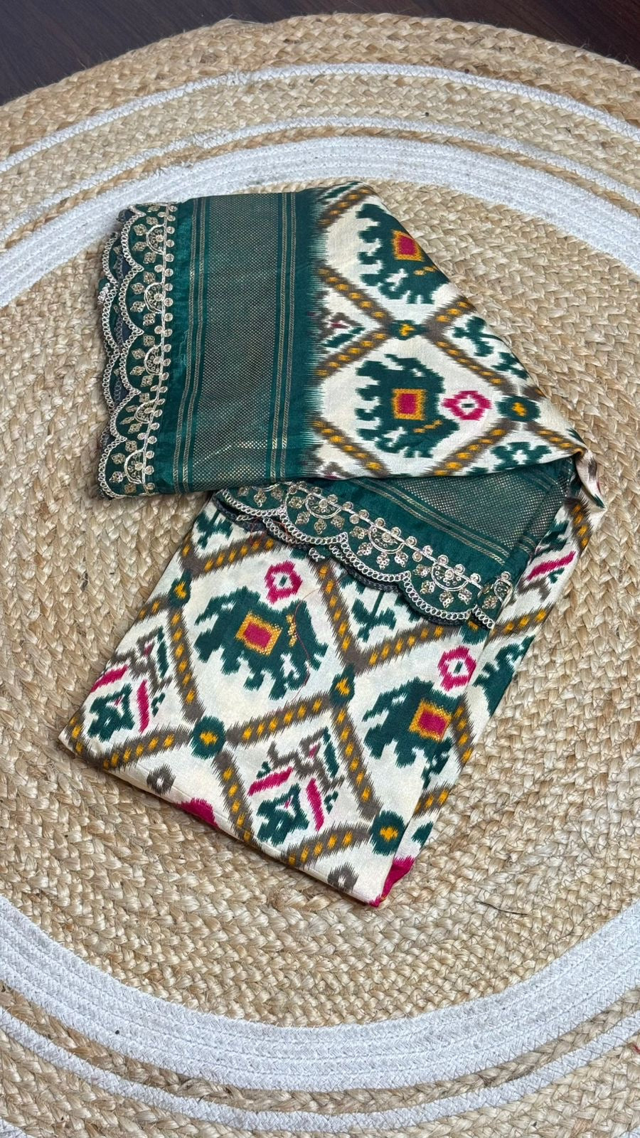 Chanderi silk cotton saree with ikkath print two sided pallu & scalloped lace border with contrast unstitched designer blouse