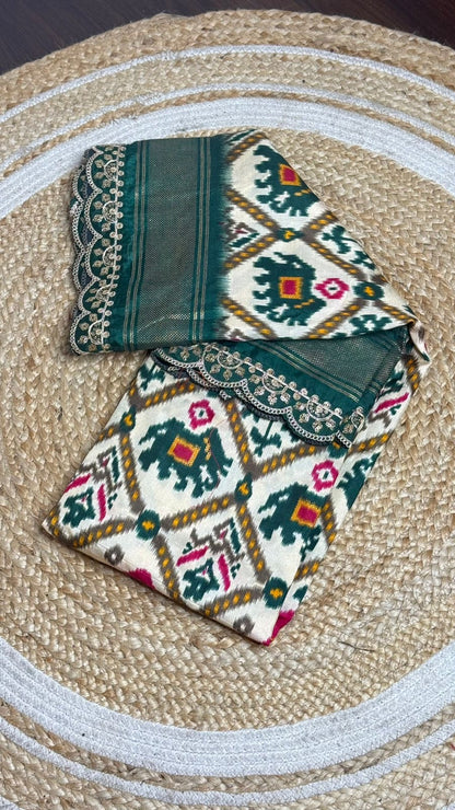 Chanderi silk cotton saree with ikkath print two sided pallu & scalloped lace border with contrast unstitched designer blouse