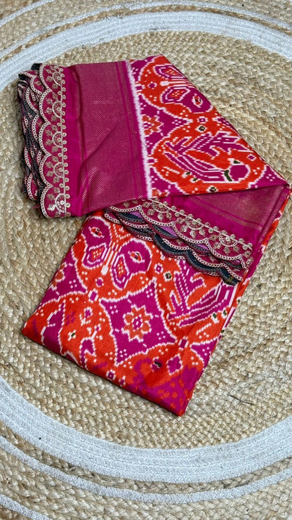 Chanderi silk cotton saree with ikkath print two sided pallu & scalloped lace border with contrast unstitched designer blouse
