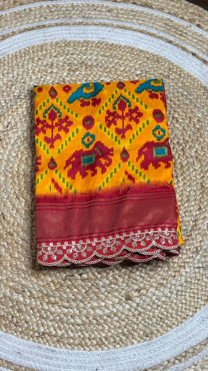 Chanderi silk cotton saree with ikkath print two sided pallu & scalloped lace border with contrast unstitched designer blouse