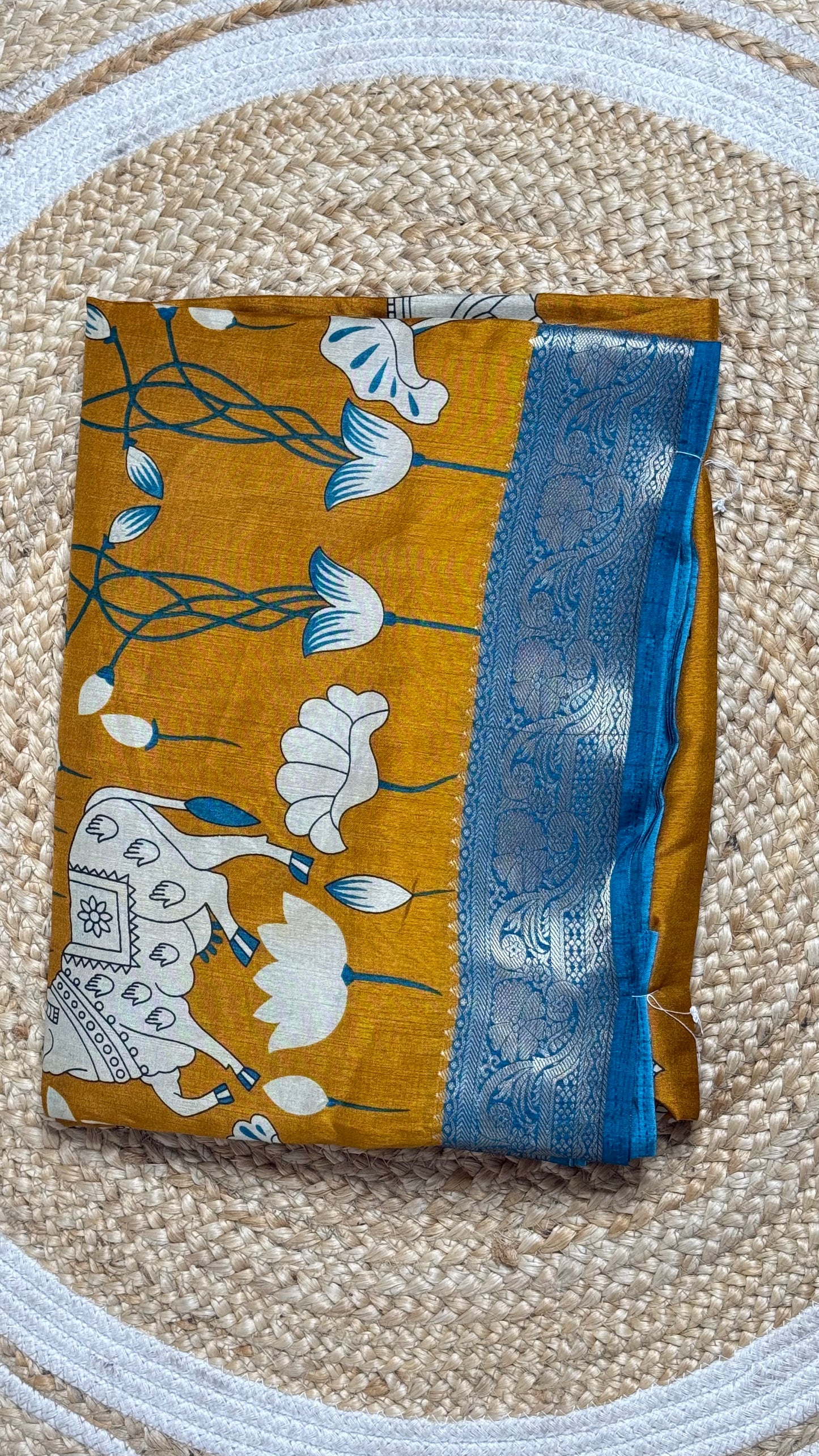 soft mul mul cotton saree with Kalamkari & pichwai work all over the saree with contrast zari border blouse