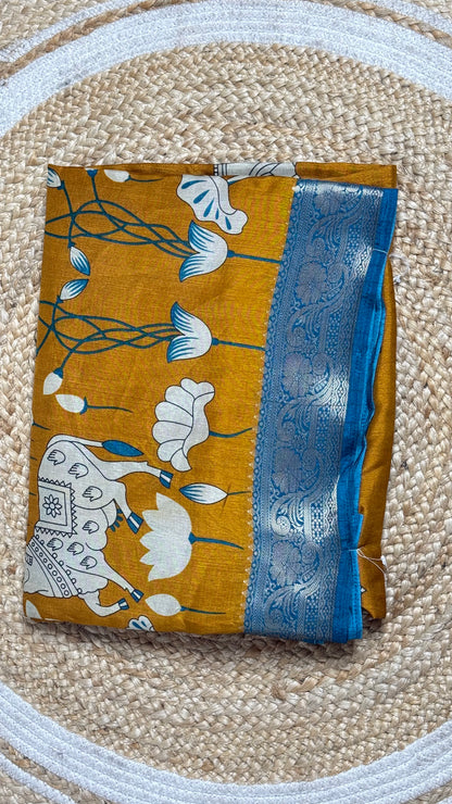 soft mul mul cotton saree with Kalamkari & pichwai work all over the saree with contrast zari border blouse