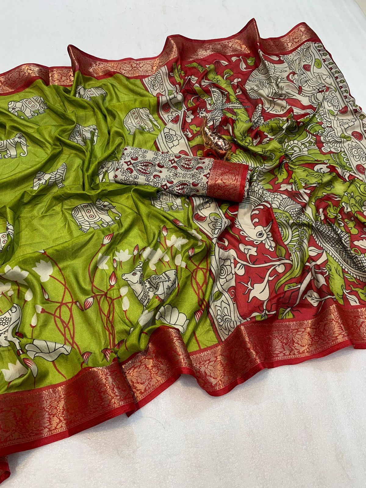 soft mul mul cotton saree with Kalamkari & pichwai work all over the saree with contrast zari border blouse