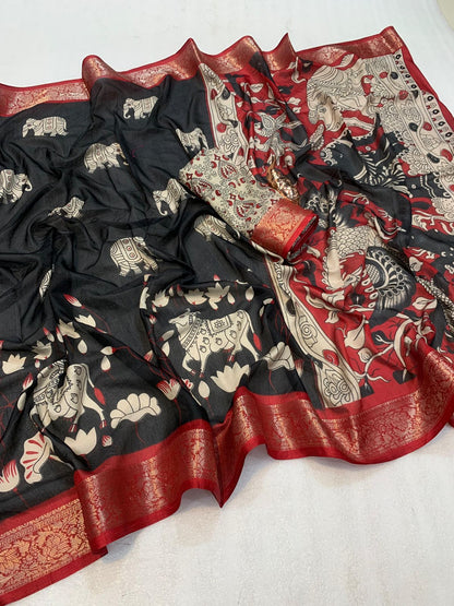 soft mul mul cotton saree with Kalamkari & pichwai work all over the saree with contrast zari border blouse