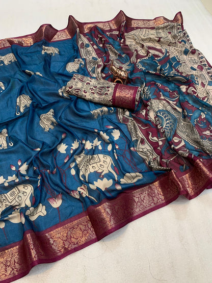 soft mul mul cotton saree with Kalamkari & pichwai work all over the saree with contrast zari border blouse