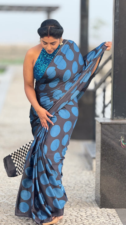 Ajrakh modal saree black and blue with running contrast blouse