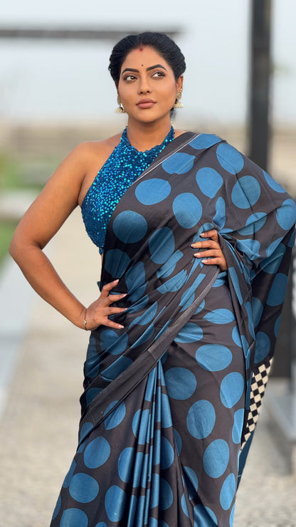 Ajrakh modal saree black and blue with running contrast blouse