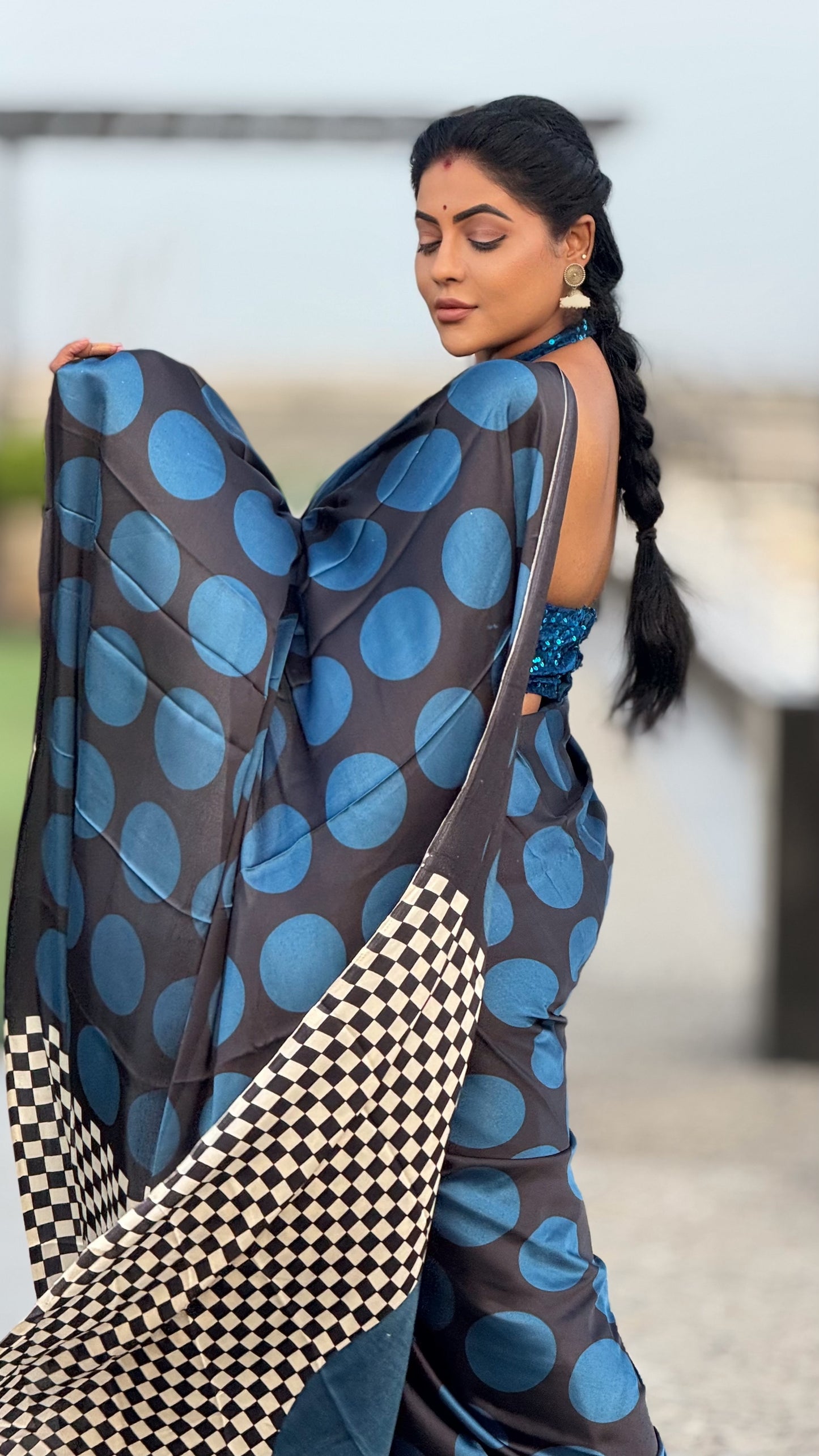 Ajrakh modal saree black and blue with running contrast blouse