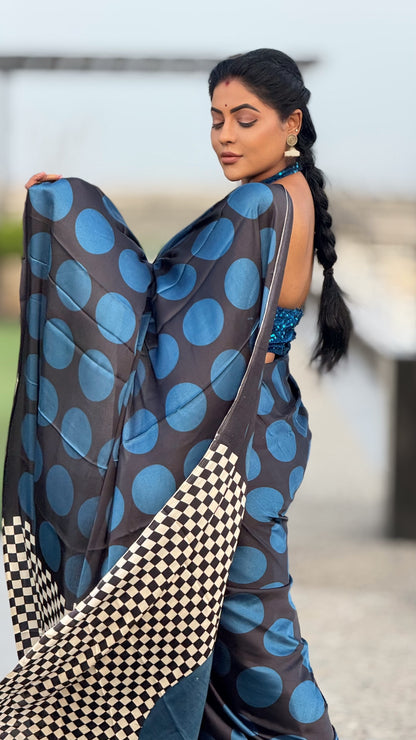 Ajrakh modal saree black and blue with running contrast blouse