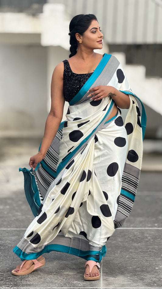 Ajrakh modal saree white & Black with colored running contrast blouse