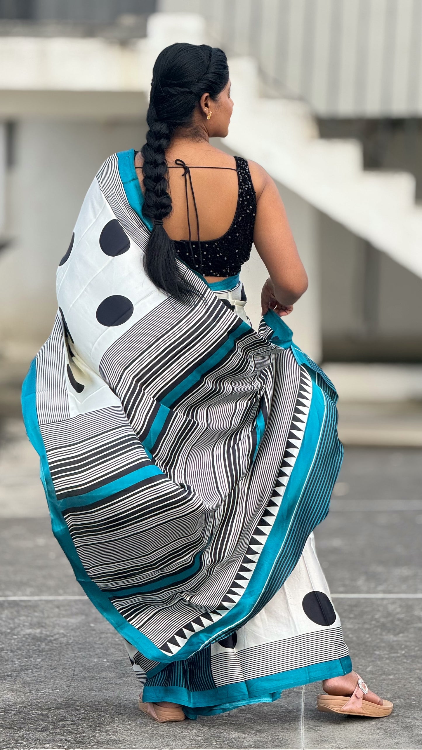 Ajrakh modal saree white & Black with colored running contrast blouse