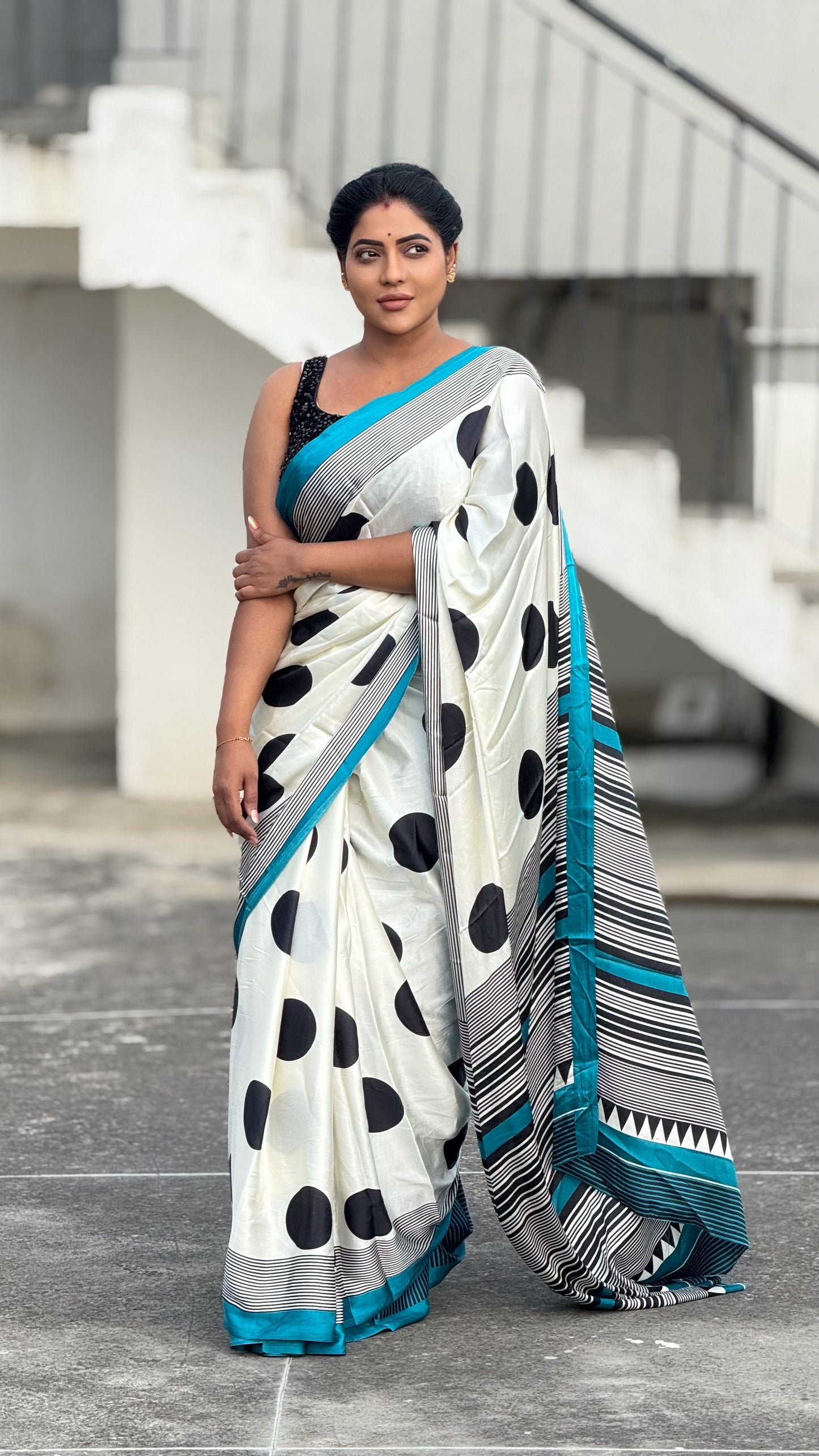 Ajrakh modal saree white & Black with colored running contrast blouse