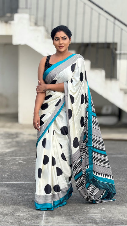 Ajrakh modal saree white & Black with colored running contrast blouse