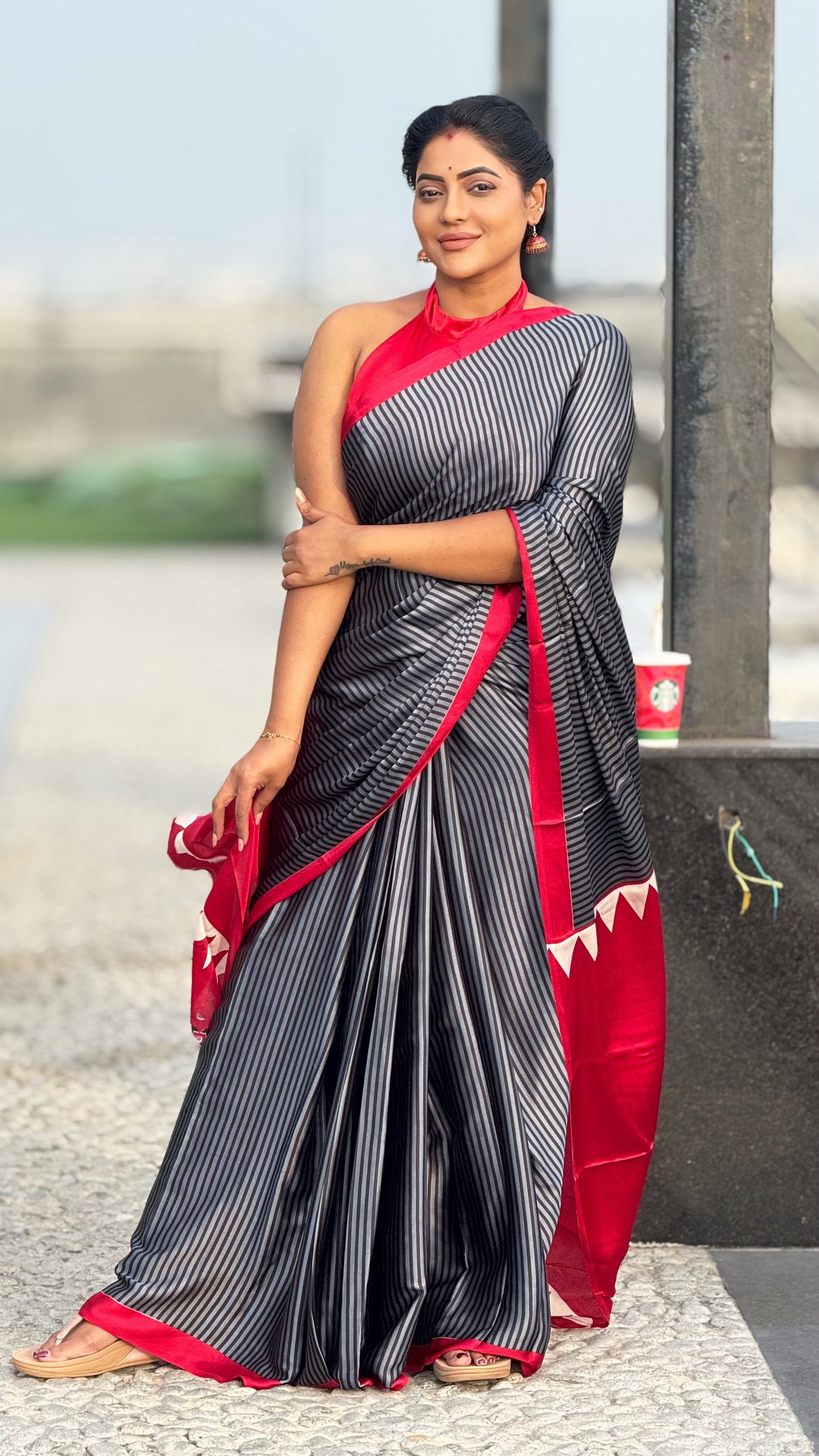 Ajrakh modal stripped pattern saree with running contrast blouse