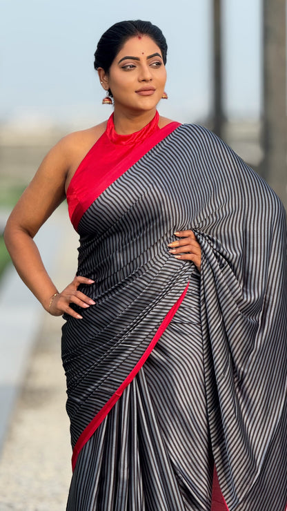 Ajrakh modal stripped pattern saree with running contrast blouse