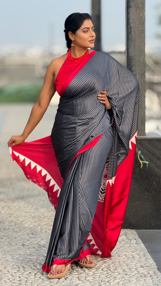 Ajrakh modal stripped pattern saree with running contrast blouse